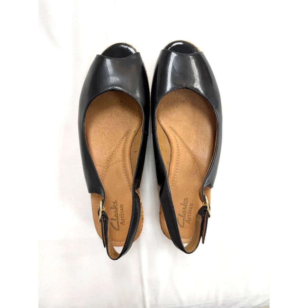 Clarks‎ Artisan Black Leather Peep Toe Slingback Cork Wedge Sandals 6.5M